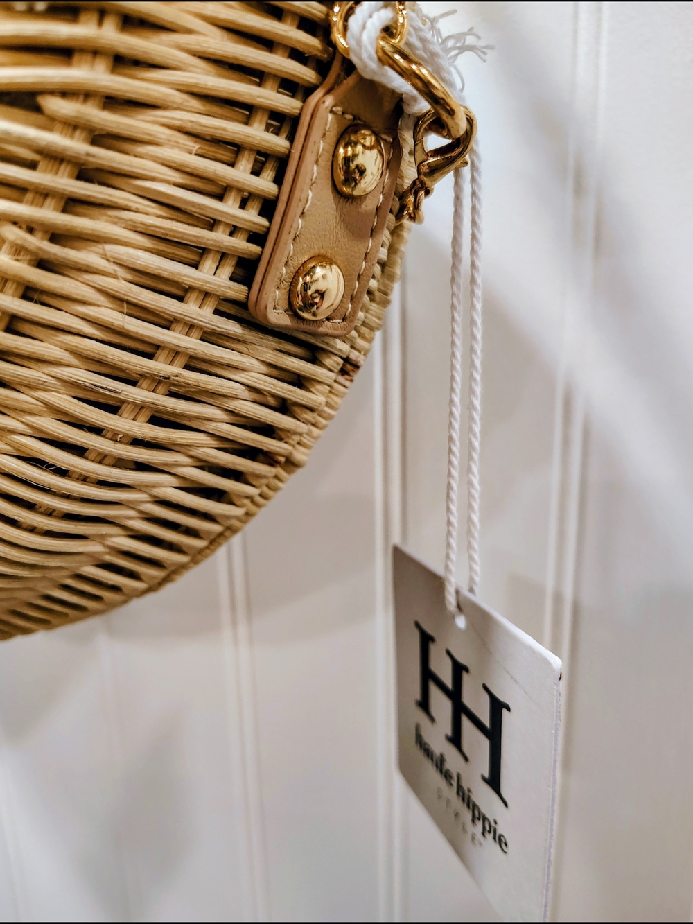 Haute Hippie Woven Rattan Crescent Crossbody with Pearl Strap - Natural - Picture 5 of 15